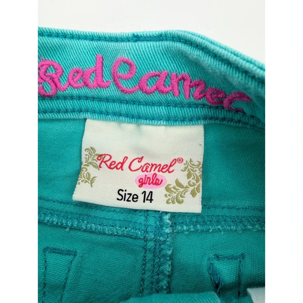 Red Camel Girls Teal Denim Crochet Lace Trim Frayed Hem Shorts Size 14